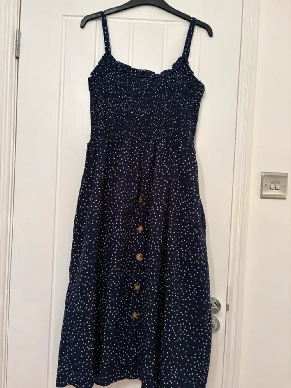 Navy Polka Dot Midi Dress with Button Front